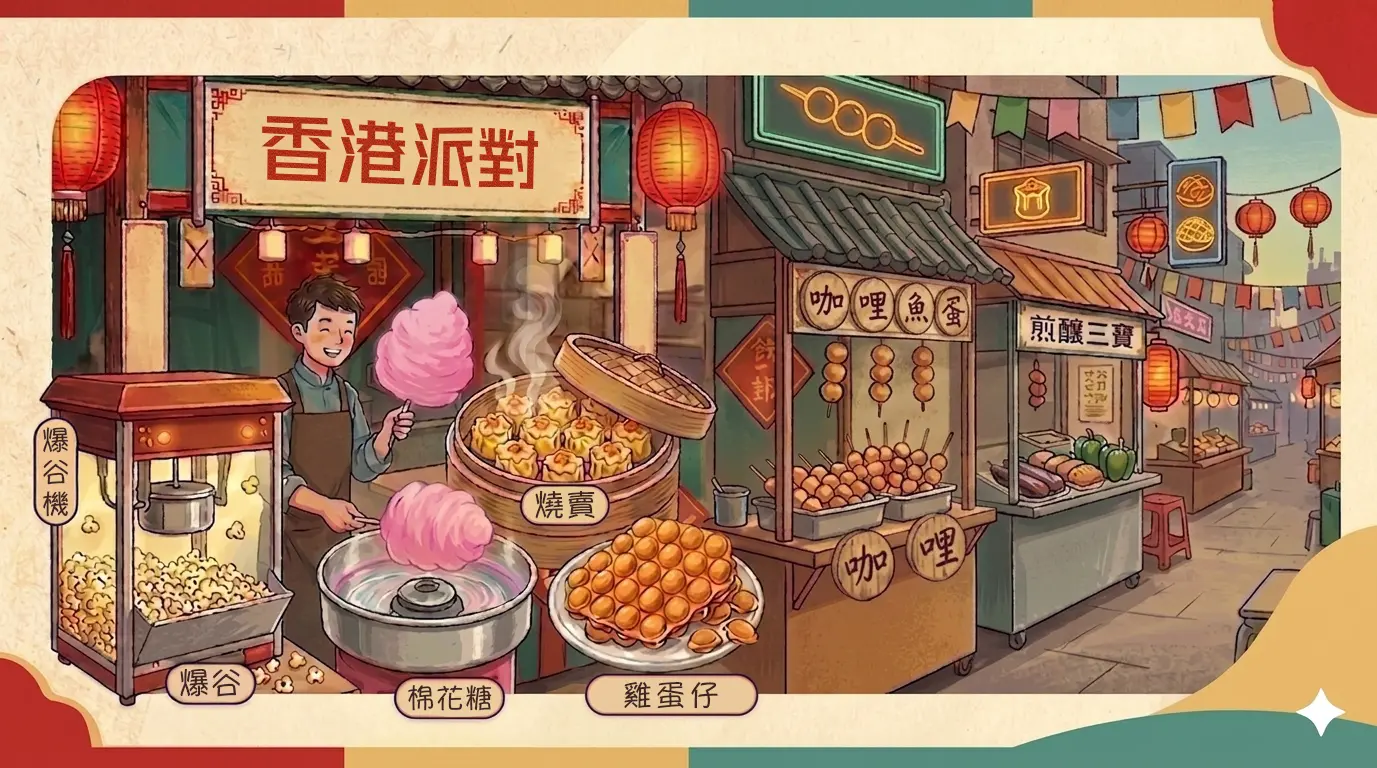 香港派對專業小食到會服務 - 提供爆谷、棉花糖、燒賣及雞蛋仔現場製作，適用於學校文化日、校慶及企業活動。